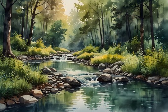A small babbling brook flowing through a dense forest