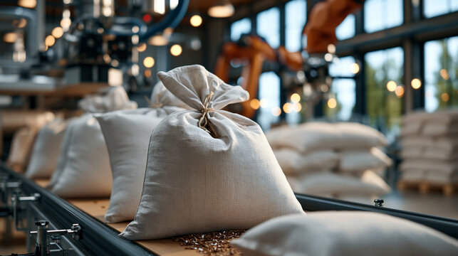 Robotic automated bagging line filling fertilizer sacks in a bright modern industrial packaging area with stacked bags and handling equipment