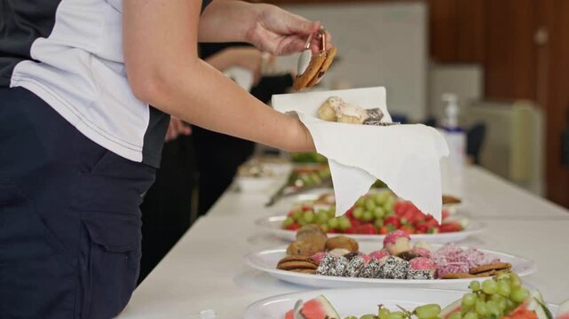 Students select cupcakes, biscuits and sweet treats from a refreshment table at a school event, highlighting poor nutrition choices, and excess sugar consumption in education.
