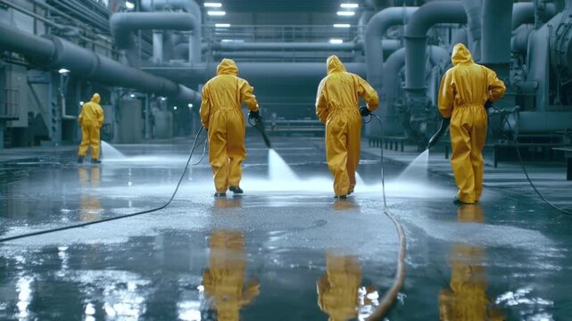 Workers in yellow protective suit cleaning industrial floor with high-pressure water hose in large factory or warehouse environment with heavy machinery in background