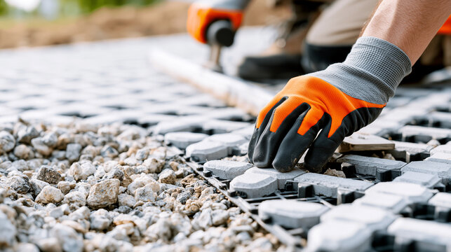 Permeable pavement installation on parking lot, gloved worker placing pavers over gravel base, stormwater infiltration drainage, green urban infrastructure, climate adaptation.