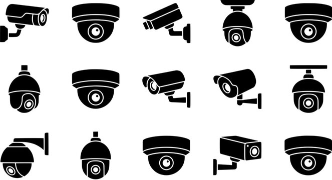 CCTV security camera icon set, vector surveillance symbols