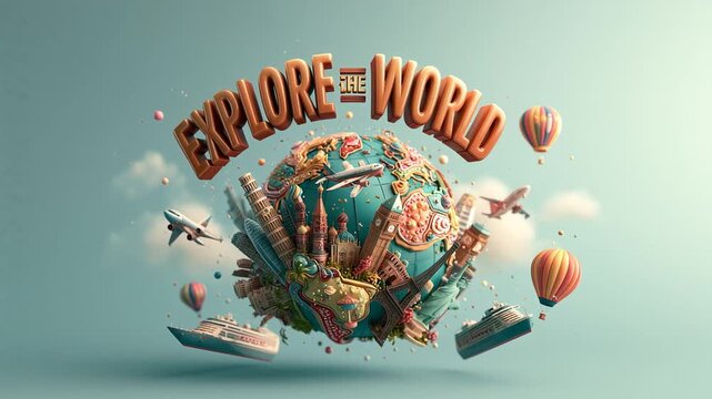 A rotating miniature Earth surrounded by famous landmarks, airplanes, cruise ships, and hot air balloons orbiting it, with giant glossy typography reading &ldquo;EXPLORE THE WORLD.&rdquo;