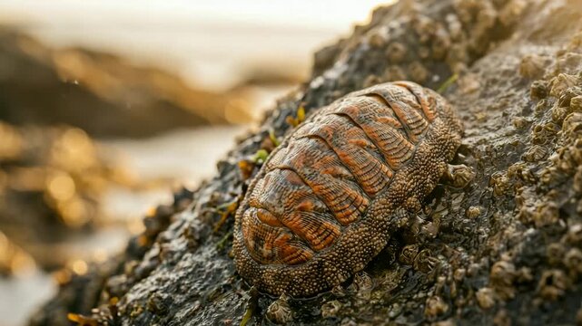 chiton marine mollusk on rocky coast california golden light close up video