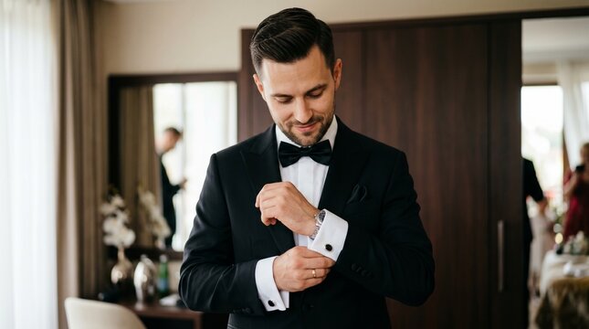 Man in Tuxedo Getting Ready: A dapper man adjusts his cufflinks on his tuxedo shirt, preparing for an elegant event, his expression suggesting anticipation and sophistication.