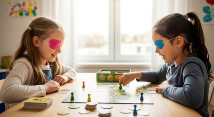 Fototapeta premium Two young girls wearing eye patches playing board game. Vision therapy for amblyopia children. Pediatric ophthalmology and eye care concept for kids.