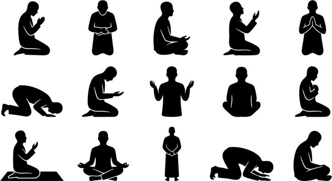 Islamic prayer silhouette vector icon set, isolated on white