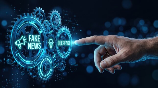 Conceptual image of a hand pointing to fake news and deepfake technology with gears and glowing blue circuits