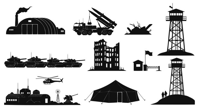 Collection of various military and industrial silhouettes on including tanks, helicopter, missile launcher, and more