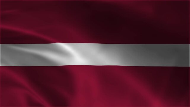 Latvia national flag waving in loop seamless background video, close up of the latvian carmine red and white horizontal stripe banner graphic backdrop for patriotic northern european themes.