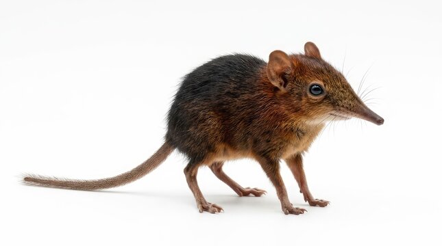 A small shrew-like mammal with a long snout and a thin tail, standing on a white background