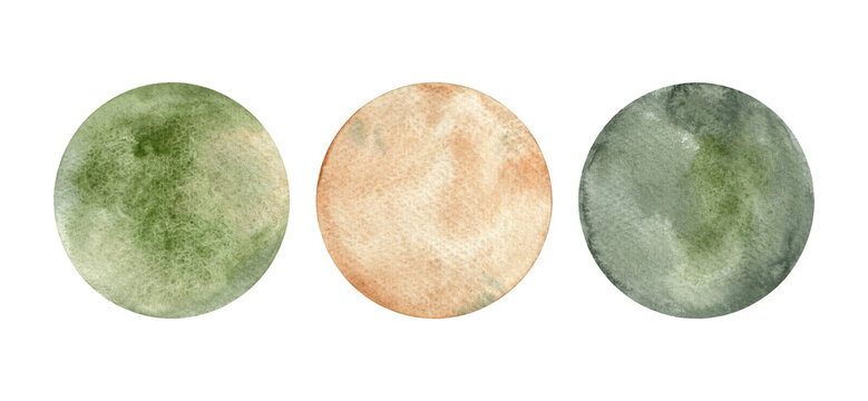 Three watercolor circles in natural shades. Design elements for eco-design, rustic style, and textiles.