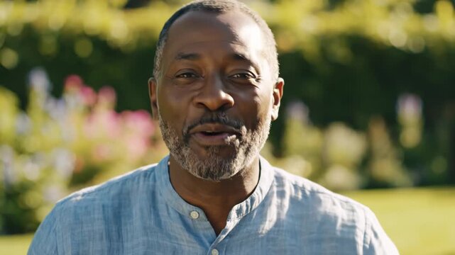 Portrait of a happy middleaged black man waving hello outdoors in a sunlit garden setting