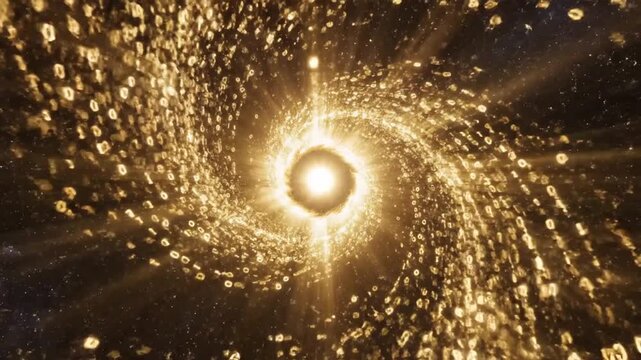 Golden particles swirling in a cosmic vortex, abstract digital tunnel, futuristic motion background