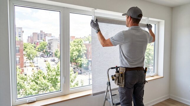 Man installing window blinds in a room with city view