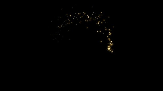 Glittering sparkle dust path overlay for VFX compositing, glowing stardust particles swoop loop asset for video editors, Shining abstract gold particle stream forming a curve on black background, 4K.