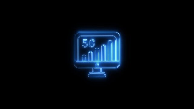 5 g network connection speedometer on computer monitor with blue neon light on black background internet