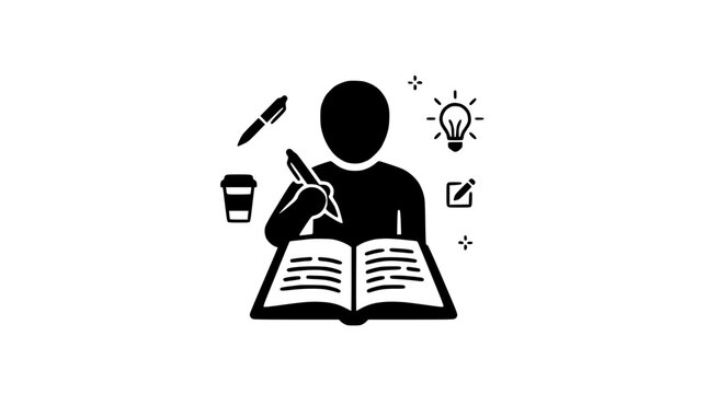 Creative writing process icon: person writing in open book with ideas, pen, coffee, lightbulb
