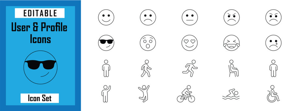 User and profile icons set pack vector illustration, thin line emoji face avatar and stick figure people collection for mobile app interface website development