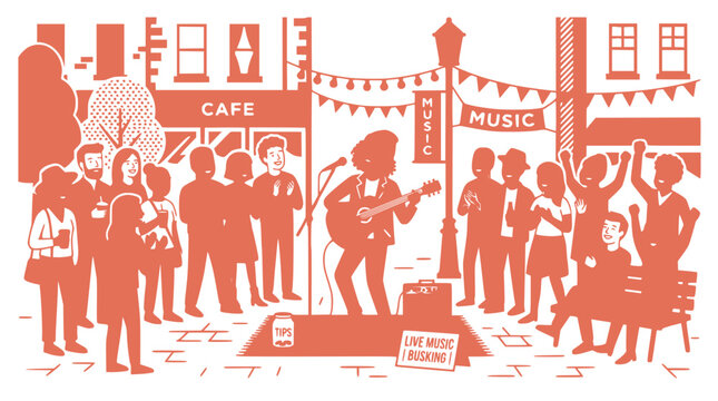 Outdoor music performance with acoustic guitar singer and crowd watching