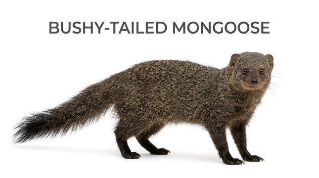 A bushy-tailed mongoose stands alert on a plain white background