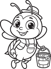 Fototapeta premium Cute bee character wearing a hat and carrying a honey bucket for children coloring book page vector illustration