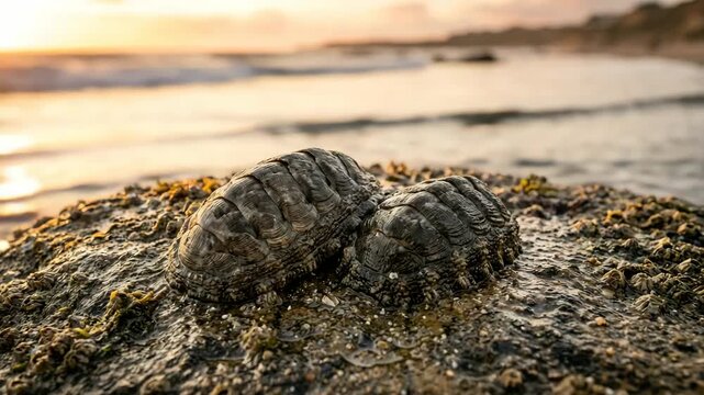 two chiton sea cradle on rocky coast california golden light close up video