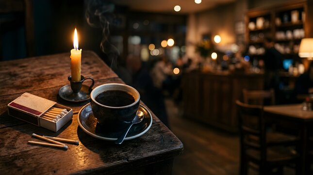 Steaming coffee and candle on a wooden table in a cozy dark cafe bar