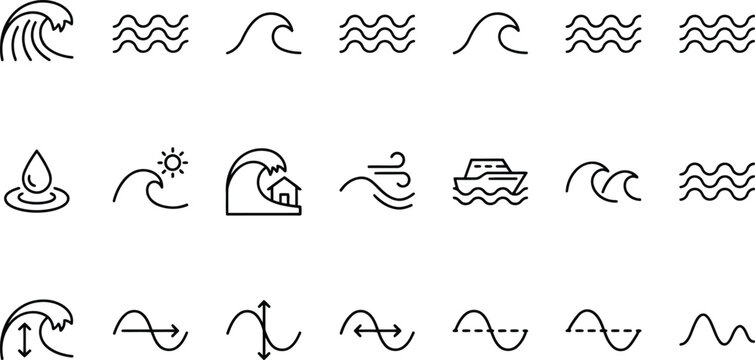 Set of ocean wave water tide and natural movement line icons with movement abstract nautical environment
