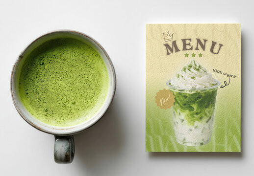 Green Matcha Latte With Cafe Menu Mockup On Light Background