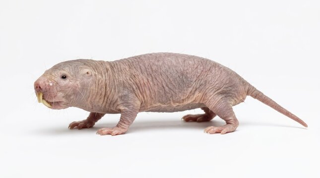 A naked mole rat with prominent teeth and small eyes stands on its four legs