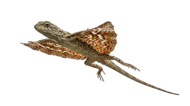 A frilled lizard glides through the air with its distinctive neck frill expanded