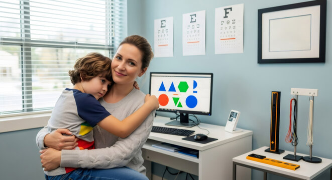 Woman hugs a boy at an optometrist office in a pediatric ophthalmology concept for eye diseases or vision impairment.