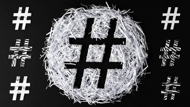 A large hashtag symbol made of shredded paper on black background