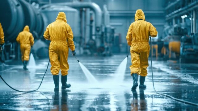 Workers in yellow protective suit cleaning industrial factory floor with high pressure water hose in large facility maintenance and sanitation