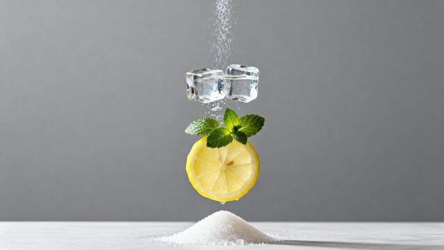 A vibrant lemon slice and fresh mint leave dance above a pile of sugar, accompanied by sparkling ice cubes, evoking a cool summer drink sensation.