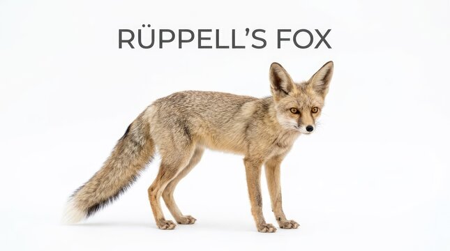 A Ruppell's fox stands alertly against a clean white background, showcasing its slender build and distinctive markings