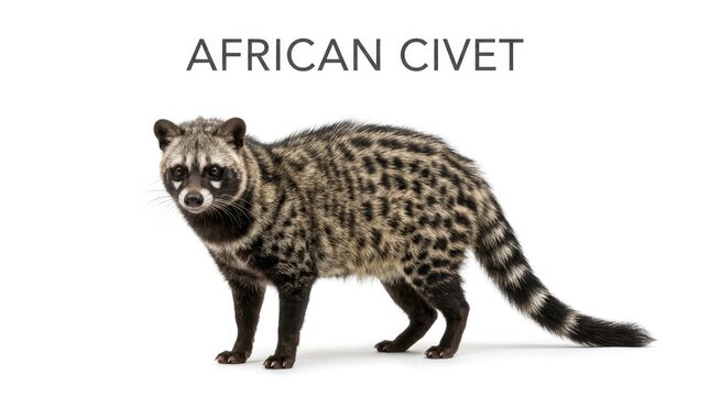 An African civet, a cat-like mammal with distinctive spotted fur and a ringed tail, stands proudly.