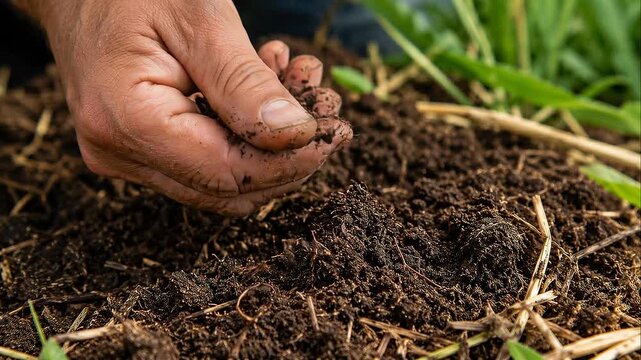 Regenerative agriculture soil hand compost organic earth texture nurturing rich compost hands creating healthy texture sustainable growth