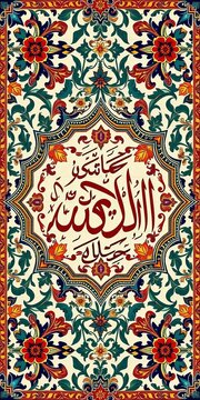 Intricate tilework pattern featuring Arabic script and floral motifs, ottoman, oriental