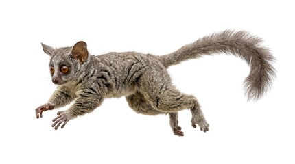 Obraz premium A small, striped lemur with large eyes captured in motion, its bushy tail trailing behind.