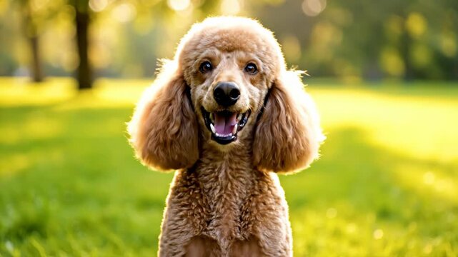 Portrait of a happy apricot poodle dog sitting in a sunny park with a blurred green background