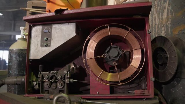 An old industrial machine with a copper coil and various mechanical components. The machine is situated in a workshop environment with tools and equipment around.