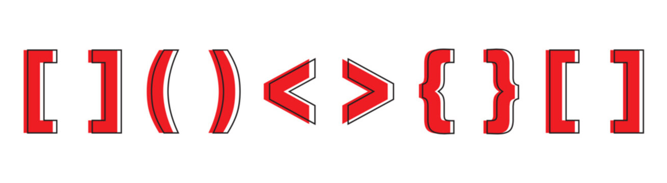 Parentheses, Square Brackets, Curly Braces and Angle Brackets Vector Collection. Coding Brackets symbols in red bold style. Clean design ideal for programming, typography, and digital communication.