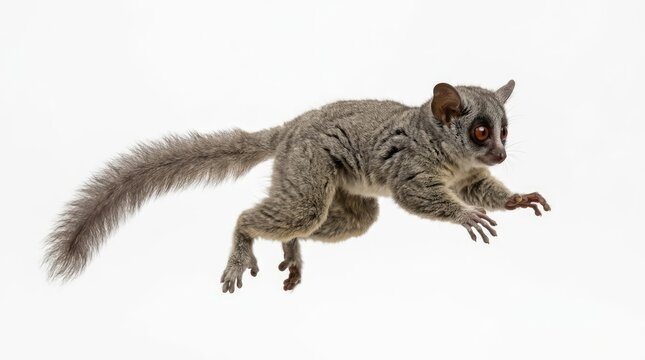A small, furry creature with big eyes and a long tail leaping forward. Its grey fur is marked with subtle stripes, and its body is poised for action