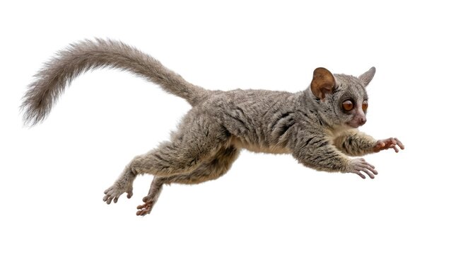 A grey mouse lemur with large eyes and a long bushy tail leaping forward, isolated on a white background