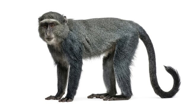 A blue monkey standing on a white background. The monkey is gray and has a long tail that curls upwards
