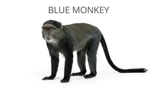 A blue monkey is shown standing on a white background