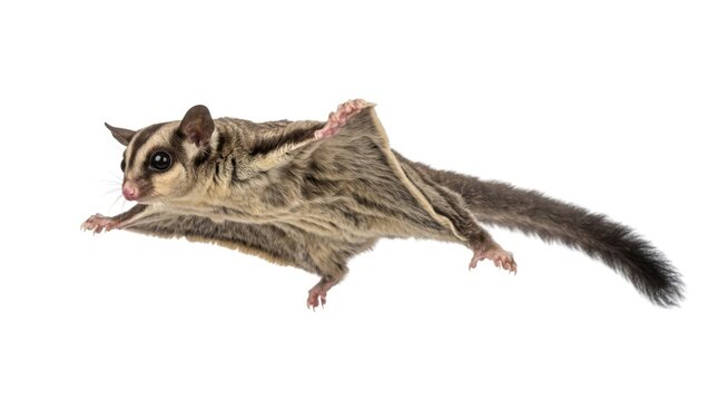 A sugar glider in mid-flight, showcasing its gliding membrane and striped fur