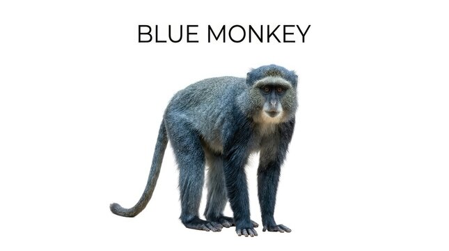 A blue monkey standing on a white background. The monkey is a primate with greyish-blue fur, a long tail, and is looking directly at the camera